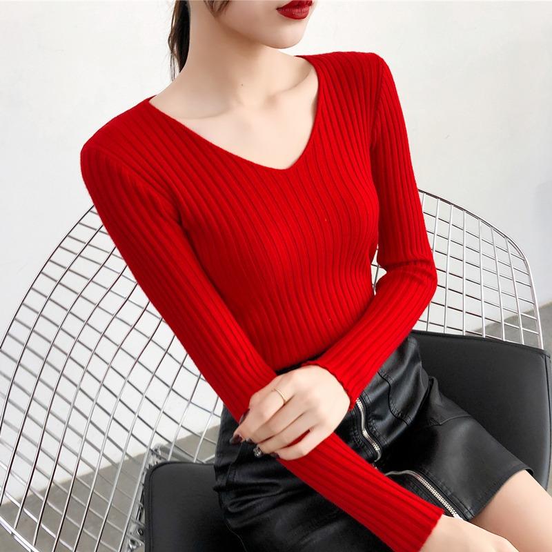 Autumn and Winter V-neck Knitted Sweater for Women Fashion Slim Fit Long Sleeve Base Pullover Sweaters Tops Ladies Elegant Solid Woman Knitwear 24978