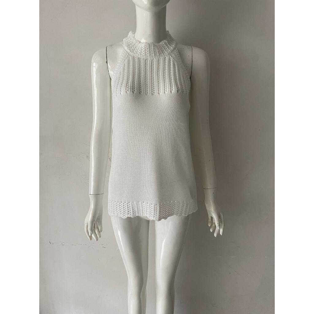 Summer Spring Solid Color Hollow Out Sleeveless Knit Crop Top, Crew Neck Slim Fit Thin Blouse for Women