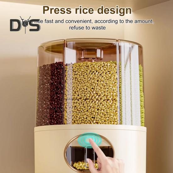 Sealed Dry Grain Bucket Dispenser Large Capacity 6 Compartments Transparent 360-Degree Rotatable Rice Dispenser Grain Bucket