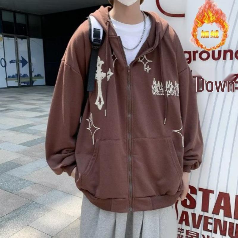 Men's Hooded Zip-Up Cardigan Sweatshirt with Cross & Flame Embroidery, Fleece-Lined, Trendy Loose Fit for Couples, Perfect for Spring and Autumn.