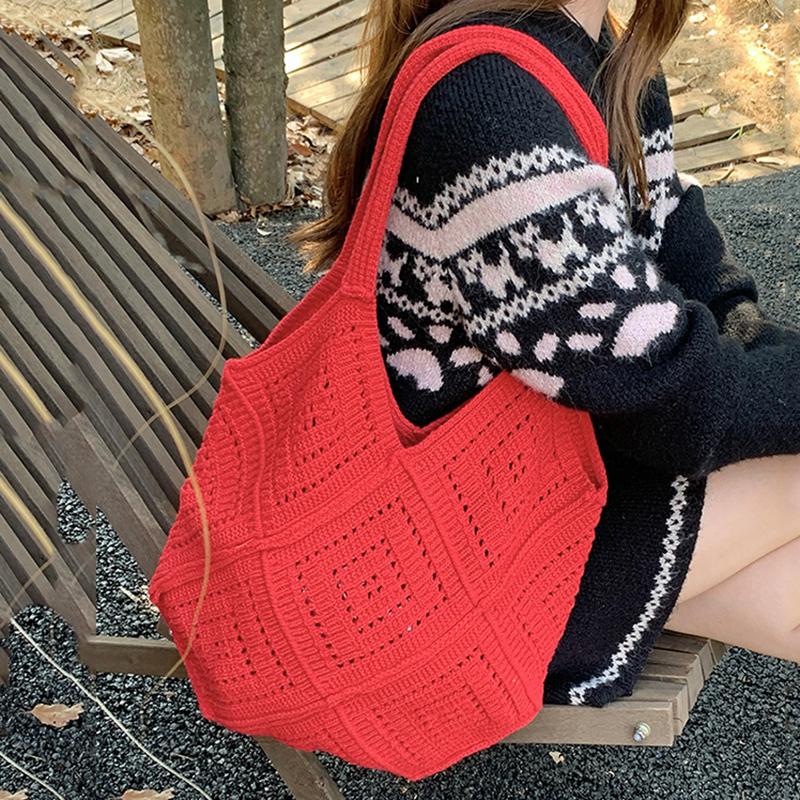 Eleagnt Beach Vacation Knitted Hollow Out Shoulde Bag Handbag Women's Fashion Bucket Soft Crochet Tote Bag KTB