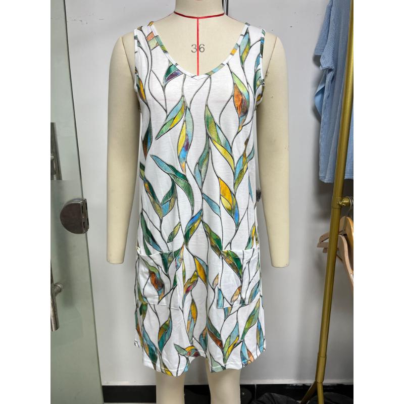 Women's Spring Summer Tropical Print Sleeveless Tank Dress Casual Loose V-Neck Beach Cover Up Dress