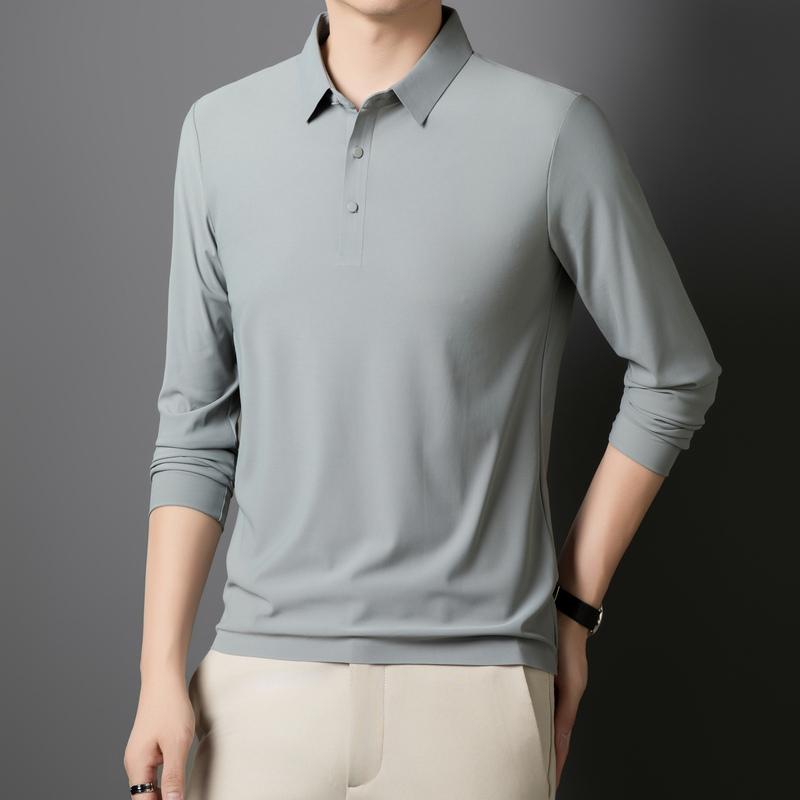 Solid Color Lapel Ice Silk Polo Shirt Long Sleeve Men's Spring and Autumn Traceless Business Casual Quick-drying Long Sleeve Top