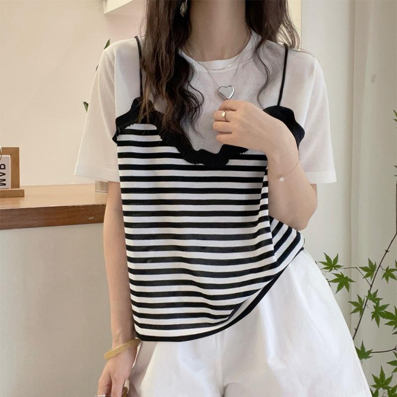 

ZANZEA Женские летние футболки с коротким рукавом и круглым вырезом в полоску, имитирующие двойку S чёрный