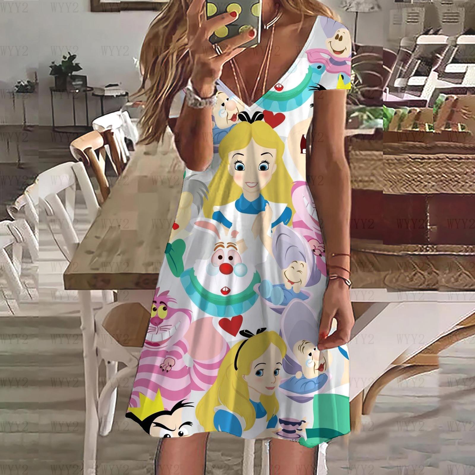 

Летнее женское новое платье Disney Princess Alice In Wonderland Print V-образный вырез с коротким рукавом Женская одежда Повседневный уличный стиль M