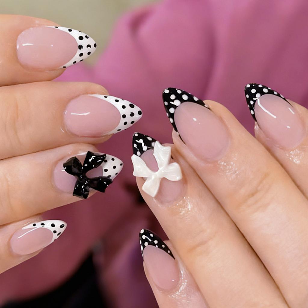Black White Polka Dot-Bow Nail Tips 24 Pieces For Party Wedding