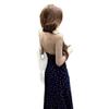 French Temperament Holiday Style Halter Waist Thin Neck V-neck Blue Floral Dress Long Dress Women's Summer