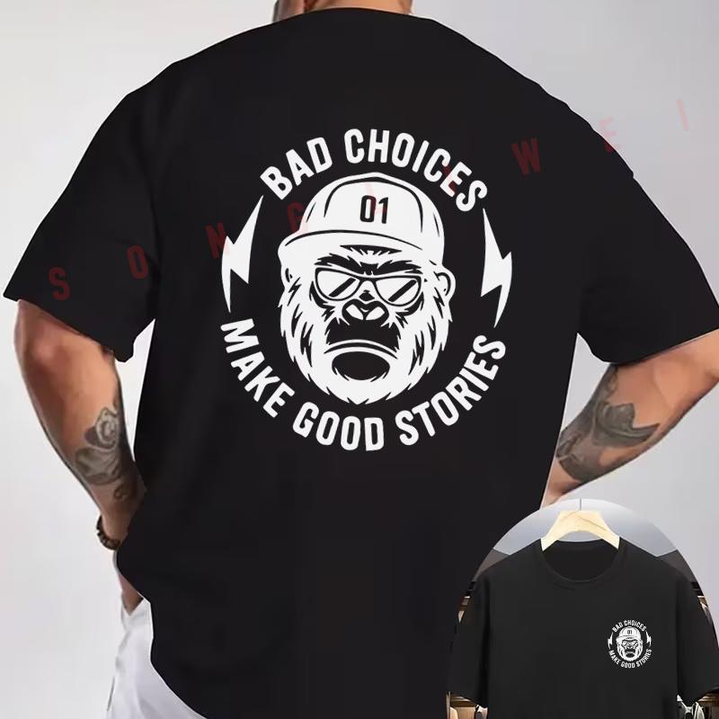 Bad Choices Good Stories Graphic Motorcycle T-Shirt Double-Sided Print Men's Short Sleeve Roun