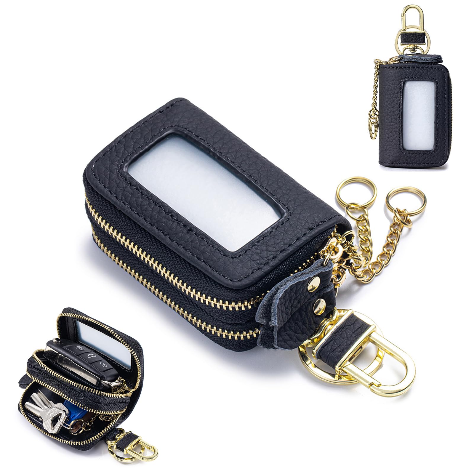 

Чехол для смарт-ключа Coollooda, Двухслойный чехол для ключей, Вмещает 2 ключа, Держатель для автомобильного ключа из натуральной кожи, Стильный [Прозрачное окно, Вращающийся на 360° карабин],