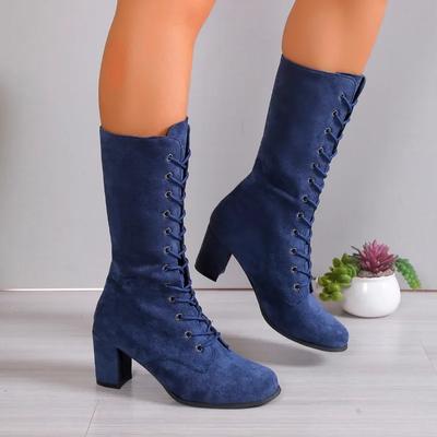 2024 Black Boots Women Shoes Knee High Women Casual Vintage Retro Mid-Calf Boots Lace Up Thick Heels Shoes