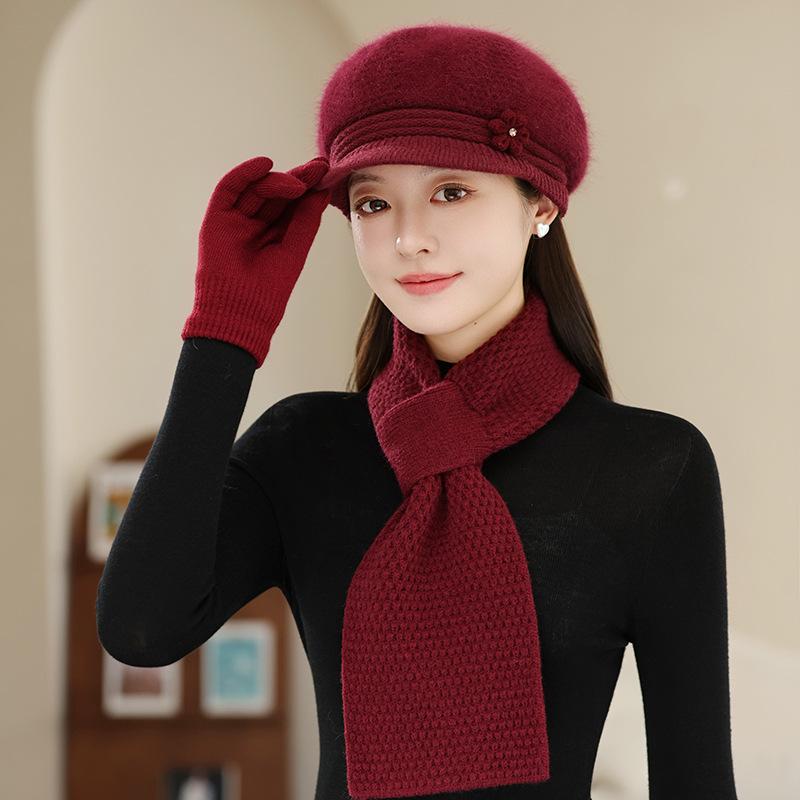 Hat Women's Autumn and Winter Knitted Hat Warm Beret Wool Hat Fashion Fleece Thickened Ear Hat Rabbit Fur Hat