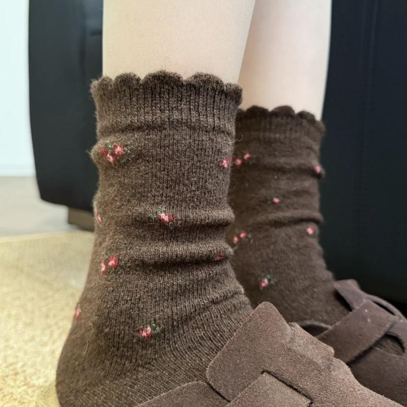 Antik Kleine Blumen~ Warm Und Wärmespeichernd Retro Kleine Blume Wollsocken Für Kinder Koreanisch Vielseitig Mittelrohr Stulpsocken