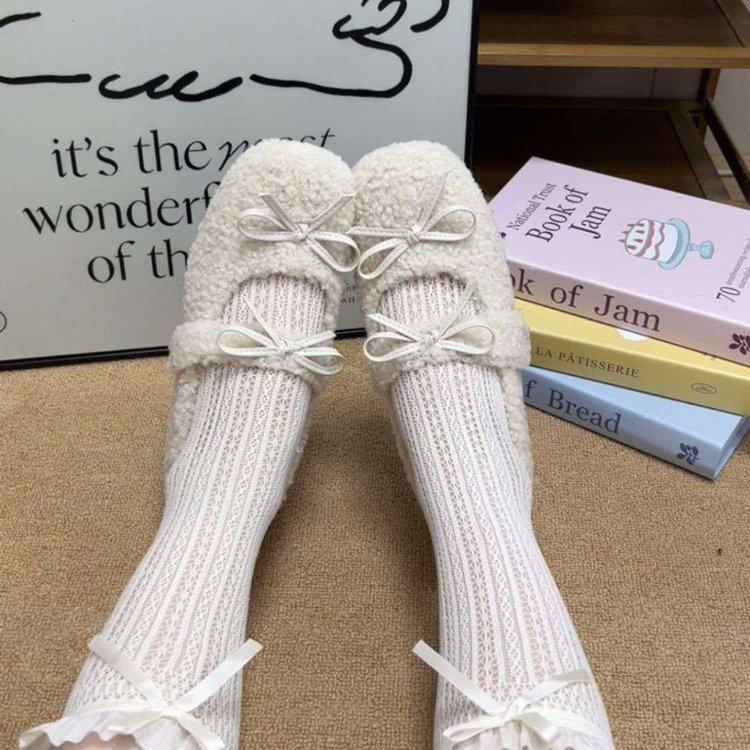 Small inner height increase 5cm fluffy shoes women's 2025 new autumn Mary Jane bow velvet beanie shoes