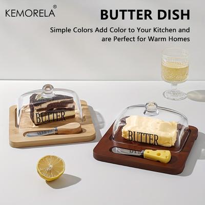 Wood Butter Dish with Glass Lid and Knife Cheese Cake Dessert Storage Plate Countertop Dish Butter Cheese Container