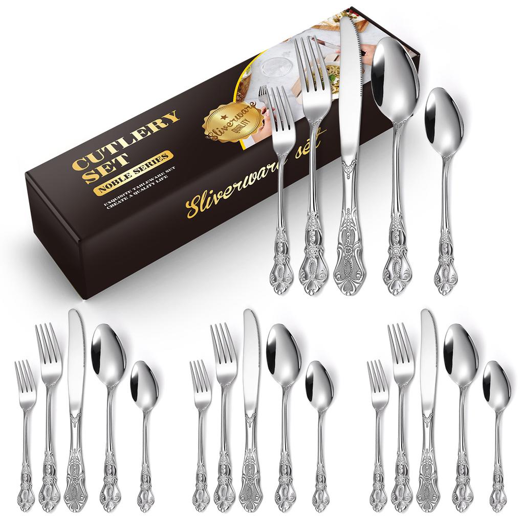 Royal Stainless Steel Cutlery Set 20/40 Piece Set for Home Use Vintage Embossed European Western Dinner Knife, Fork and Spoon