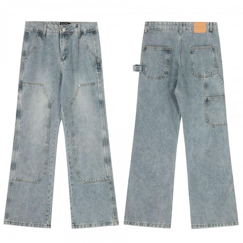 Mens Distressed Straight Fit Denim Jeans With Embroidery Mid-Rise Water Washed Cotton Blend Streetwear Casual Pants