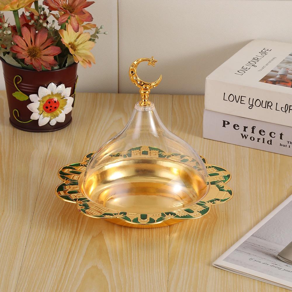 Eid al-Fitr Circle Shape Fruit Tray,Golden With lid Acrylic Alloy Tea Disc Home Cheese Food Plate,Snack Disc Table Decoration