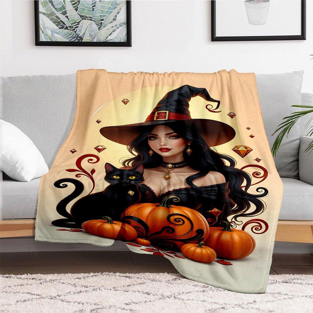 Halloween Witch with Black Cat and PumpkinsBlanket Flannel Throw Blanket for Sofa, Bed, Travel, Camping, Office, Couch, Chair