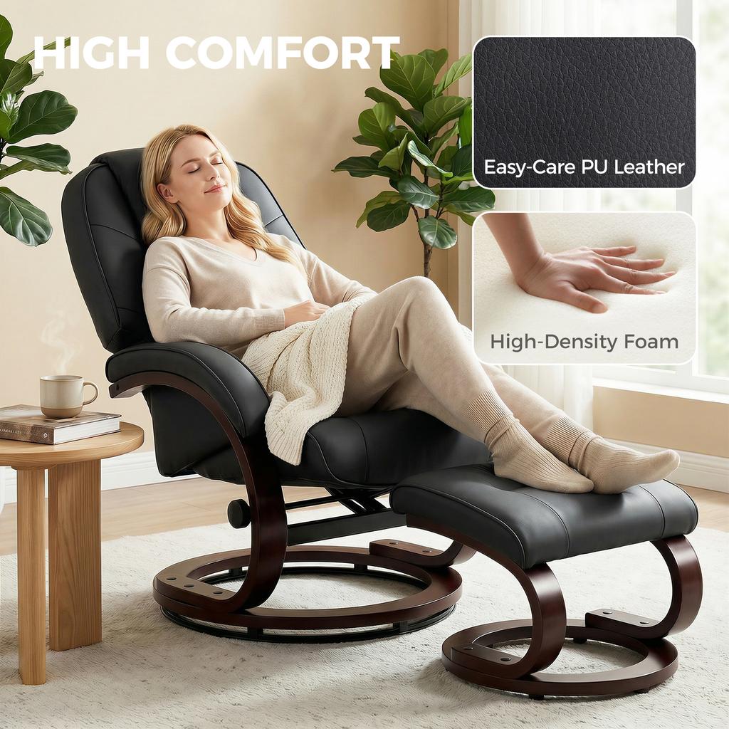Swivel Recliner Chair with Footstool, PU Leather Recliner Armchair with Adjustable Back and Wood Frame, Black
