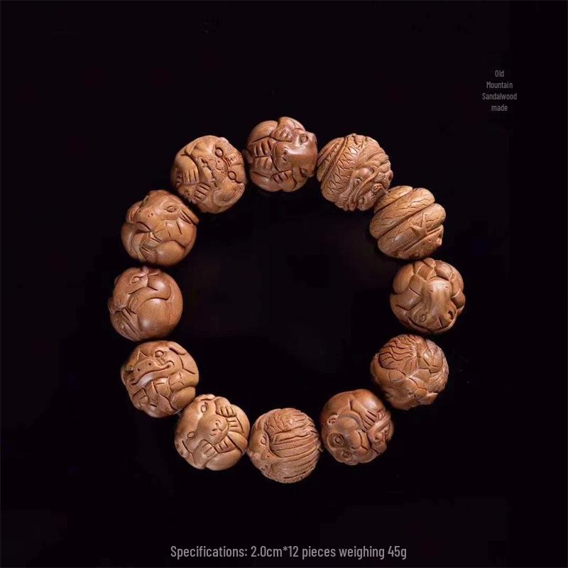 

Браслет из индийского сандала с зодиакальными бусинами и буддийскими резными элементами Natural