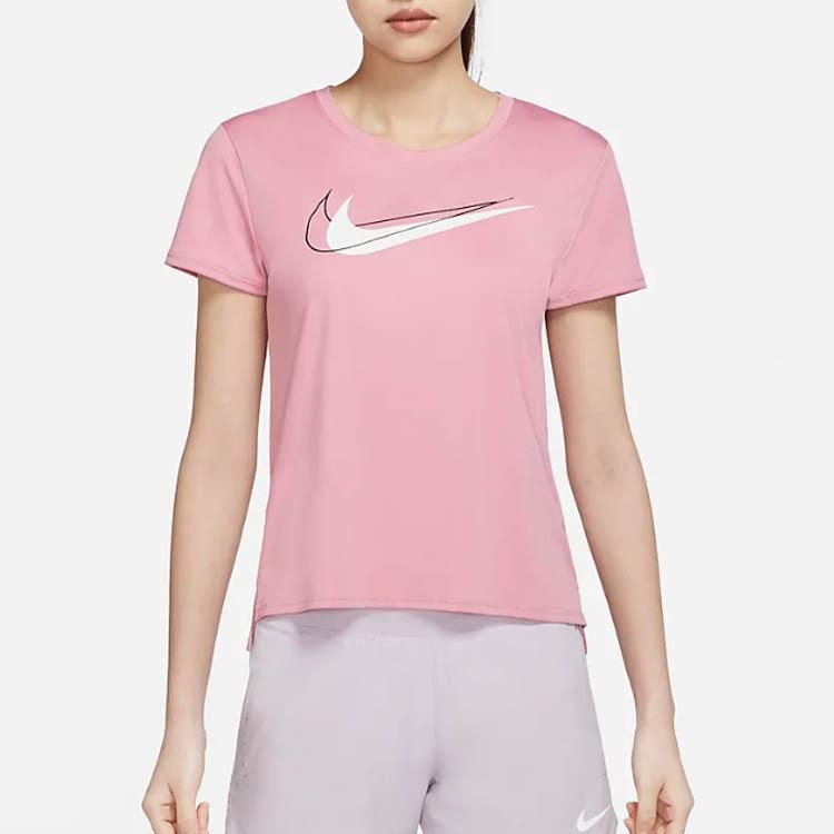 Nike Koszulka z nadrukiem logo, okrągły dekolt, szybkoschnąca, krótki rękaw, damskie topy, różowa DR7570-630