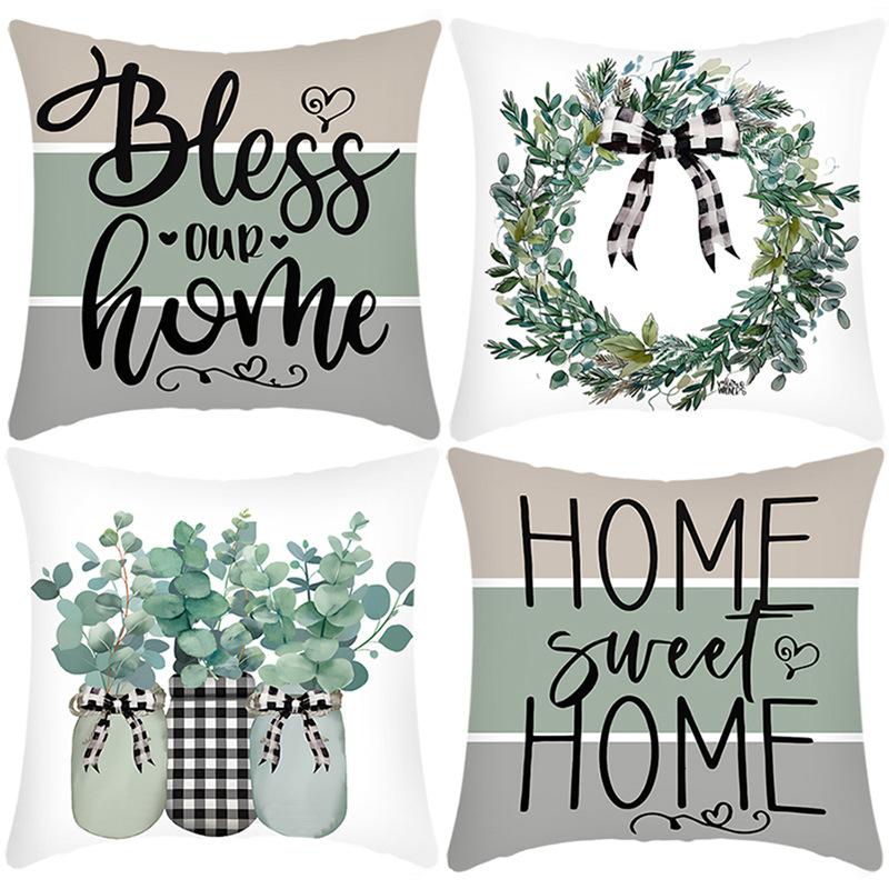 

New Pillowcase Green Plant Letter Printing Pillow Home Sofa Cushion Cover 45 * 45Cm pillowcase