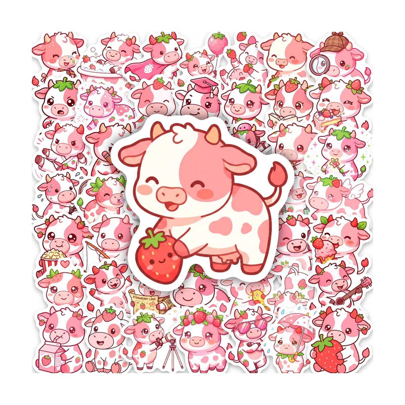 PVC Waterproof Sticker Set 50Pcs Pink Strawberry Cow Cartoon Design for Decoration Pink Strawberry Cow розовый