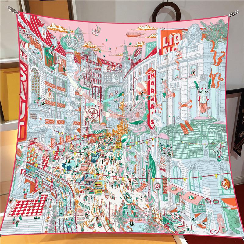 Silk Scarf Women City Street Print Square Scarves Head Echarpes Silk Foulards Femme Wraps Beach Shawl Bandana Lady Hijabs 90CM