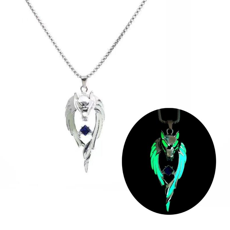 Wolf Pendant Necklace Luminous Animal Sweater Chain Long Necklace Glow In the Dark Jewelry Gift for Women Men Teens