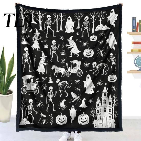 Cozy Warm Throw for Sofa Halloween DIY Coloring Blanket with 24 Markers, Washable Blanket, Color Art Therapy Relaxation Your Own Spooky Pattern