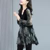 V-neck Lace Chiffon Shirts Women's Spring Autumn  Fashion Temperament Velvet Splice T-shirts Loose Size Retro Print Top