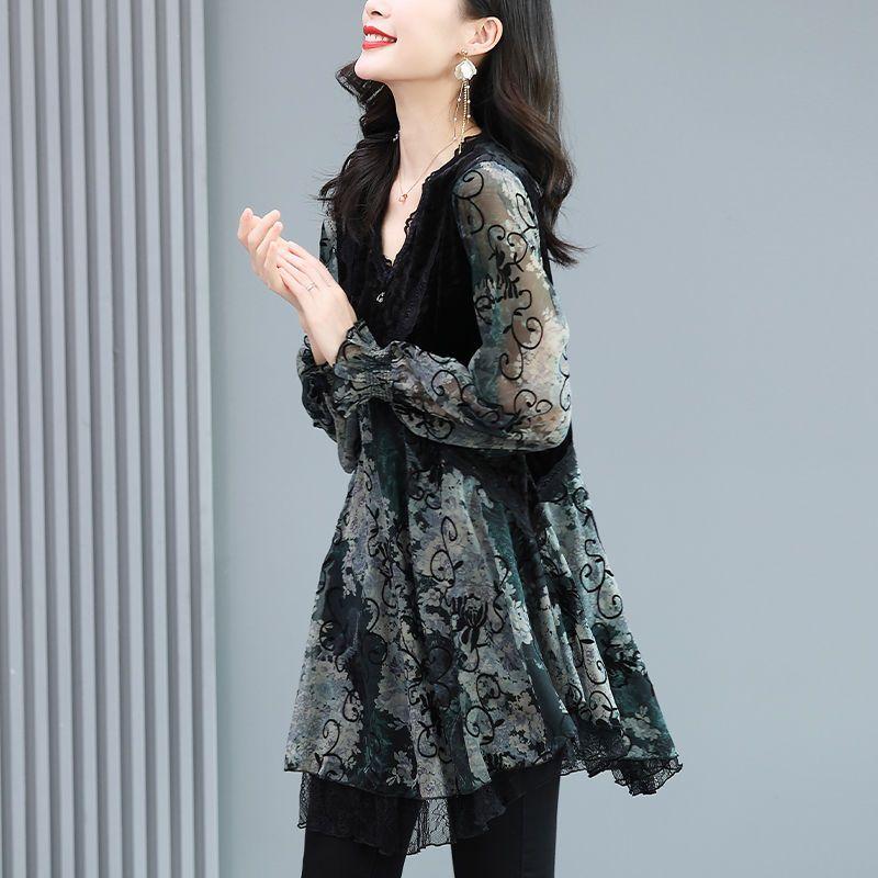 V-neck Lace Chiffon Shirts Women's Spring Autumn Fashion Temperament Velvet Splice T-shirts Loose Size Retro Print Top