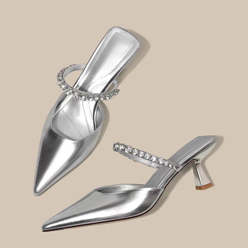 Fashion 20525 New Women's Fashion Shoes High Heel Pointed Back Vacant Woolen Shoes Water Embellished Slippers Rubber Outsole