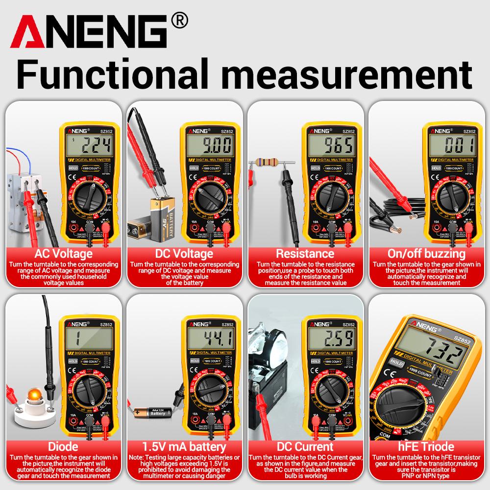 Digital Multimeter ANENG SZ852 Professional 1999 Counts 600V AC DC Voltage Current Resistance Tester HFE Transistor Diode Test with Digital Display