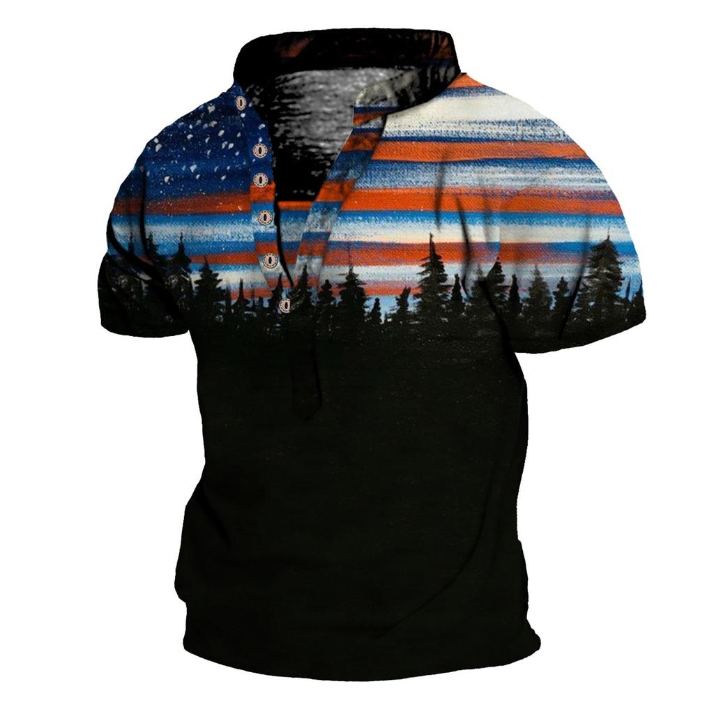 Men's Vintage Outdoor Hiking Short Sleeve Printed T-Shirt Breathable Button V Neck Short Sleeve Top