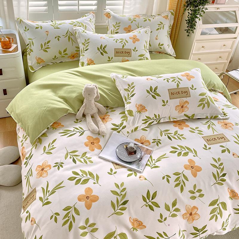 Small Fresh Pure Cotton Brushed Four-piece Set Thickened Washed Cotton Sheets and Quilt Covers Dormitory Three-piece Bedding Set
