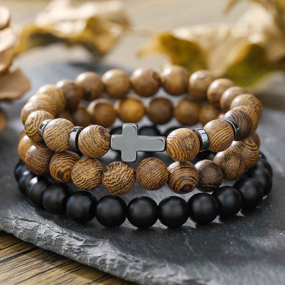 Mehrschichtiges, stapelbares Armband-Set aus Holzperlen für Damen und Herren im handgefertigten afrikanischen Türkis-Stil
