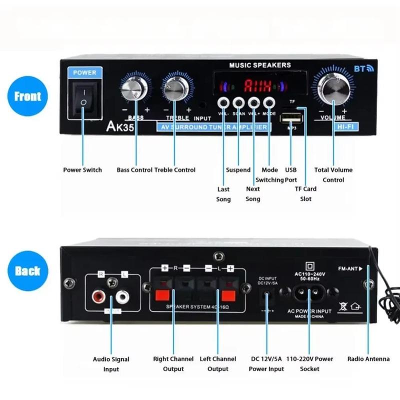 2025 New HiFi Digital AK35 Bluetooth Amplifiers MP3 Channel 2.0 Sound AMP Support 110V-240V for Home Car FM USB Remote Control