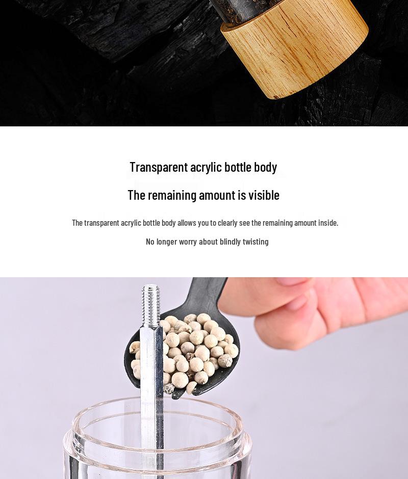 Oak & Acrylic Manual Pepper Grinder - Black Pepper Mill Kitchen Tool