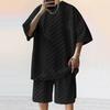 Men's Sports Suit Summer New Korean High Street Jacquard Plaid T-shirt Shorts Two-piece Set Male Casual Retro Loose O-neck Top