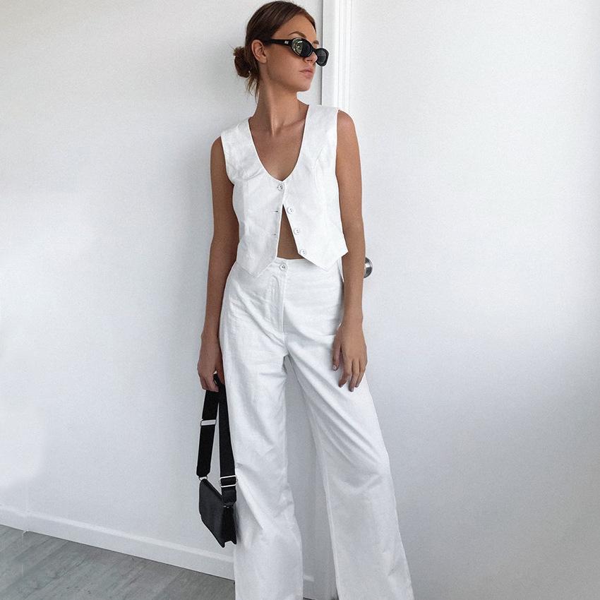 1116 European and American new cotton and linen pure white V-neck slim-fitting vest trousers set, summer women's two-piece set