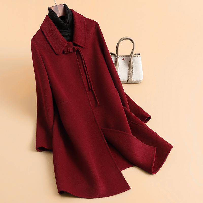 

Пальто из 100% шерсти красного цвета средней длины на весну 2025 года - Новый китайский национальный стиль 4XL for 159-170 Jin