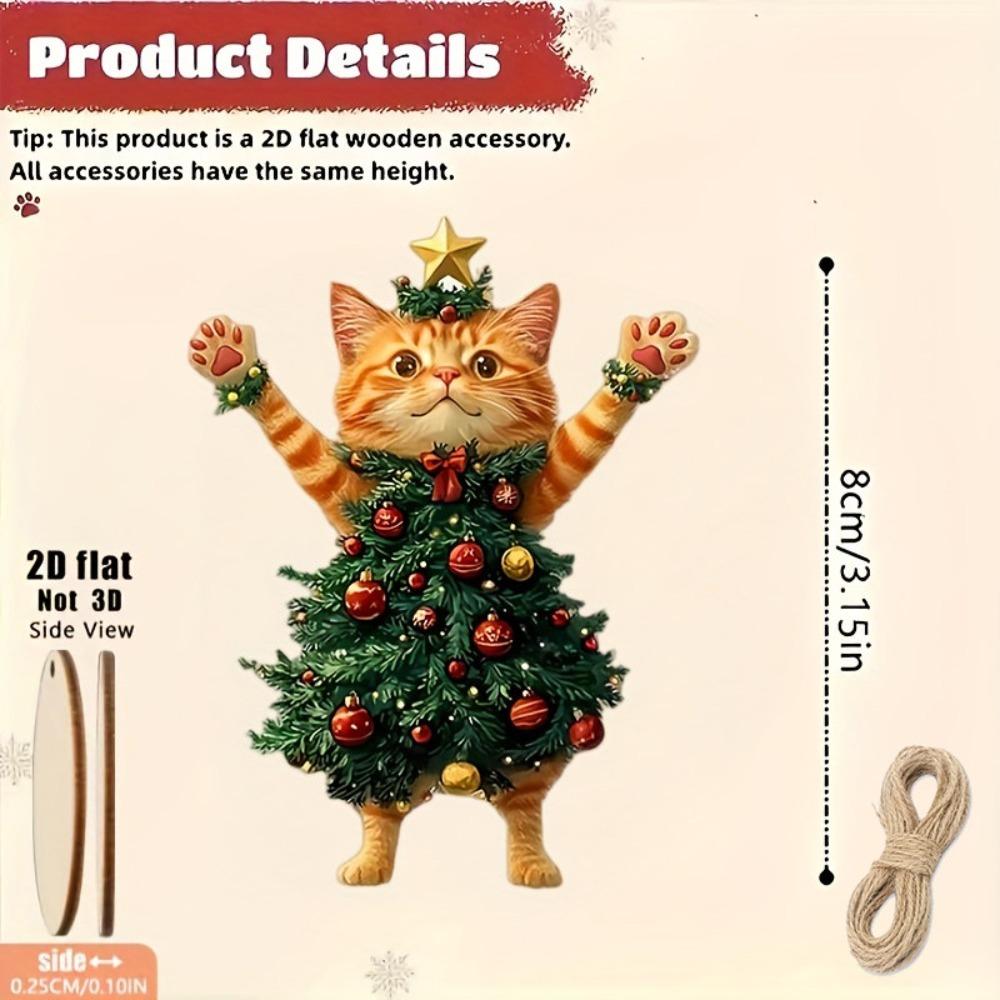 6PCS Wooden Cat Christmas Ornaments – Cute 2D Xmas Tree Hanging Pendants for Holiday Home, Window & Party Decor
