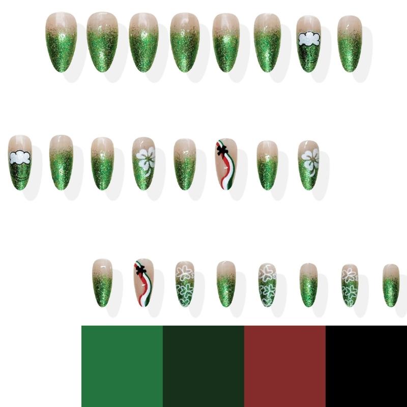 ABS Press On Nail 24Pcs Decorated in Green Glitters Four Leaf Clovers Motif for Festive Look and Good Fortune