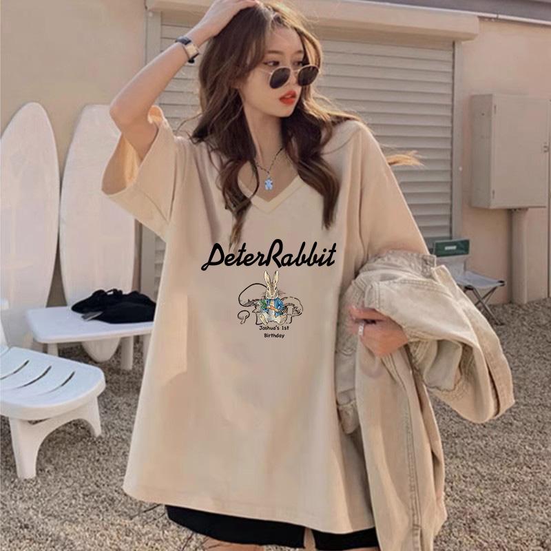 American Retro Hot Girl Top 2024 New plus Size Pure Cotton V-ne T-irt Women's INS Summer round Ne Casual ort Sve