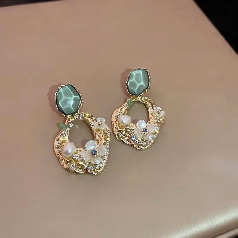 Silver Needle Dangle Earrings: Inlaid Diamond, Floral Pearl, Pleated Hollow Design, Fairy Style