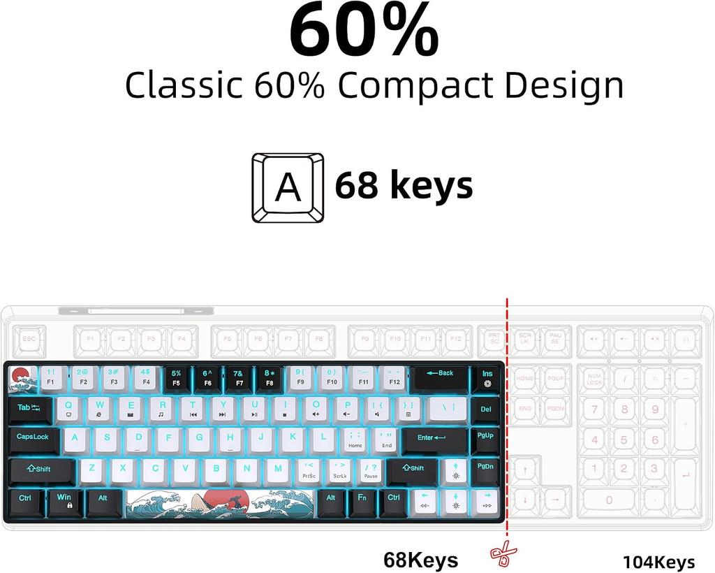 68 Keys 60% Mechanical Gaming Keyboard Hot Swappable Blue Switch Ice Blue Backlight Detachable USB-C Cable For Windows Mac Linux
