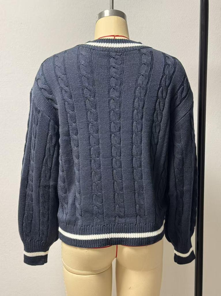 2024 European & American Color Block V-Neck Cable Knit Sweater - Autumn/Winter Loose Fit Women's Fashion.