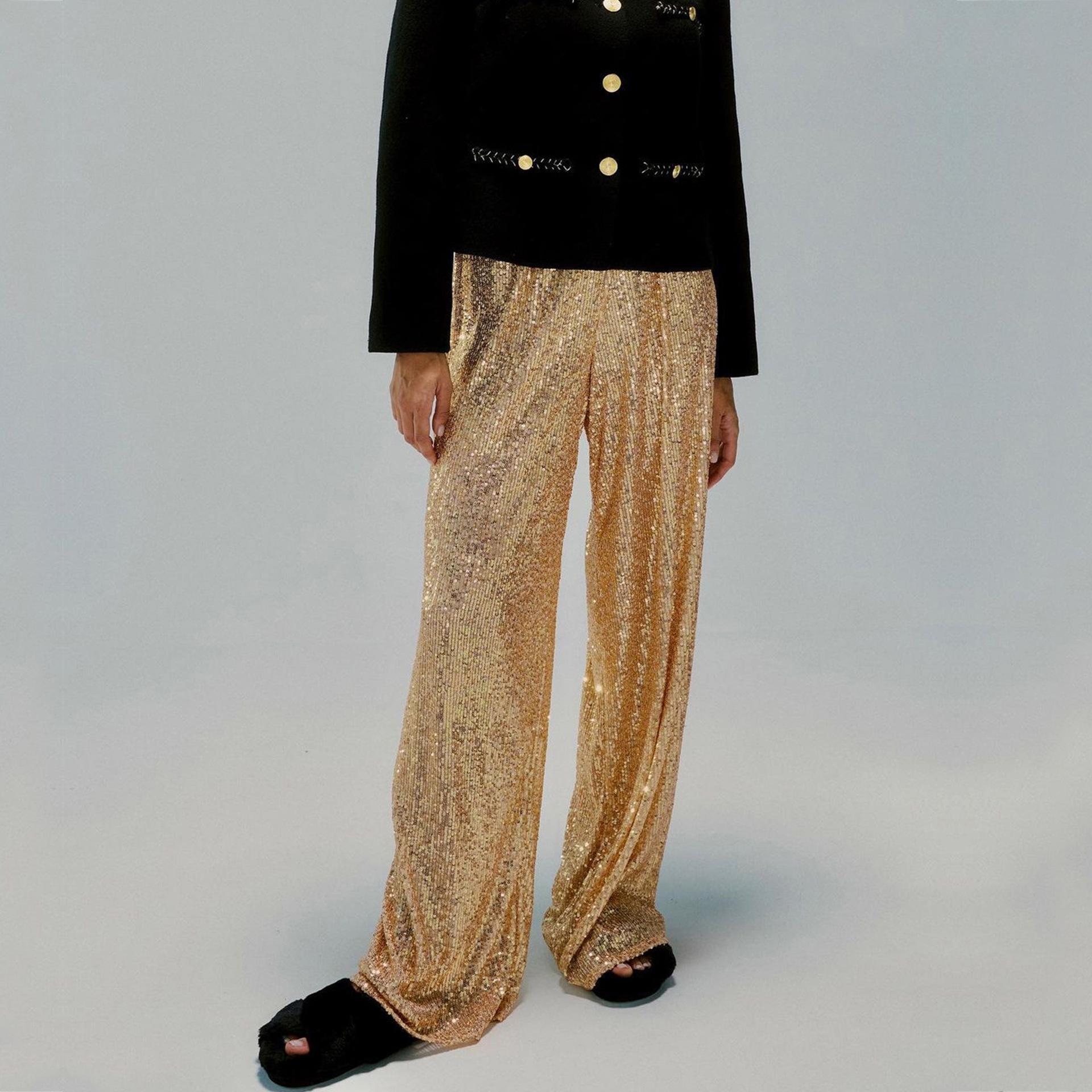 2025 European Women s Colorful Sequin Fashion Casual Straight-Leg Pants XXL золотой