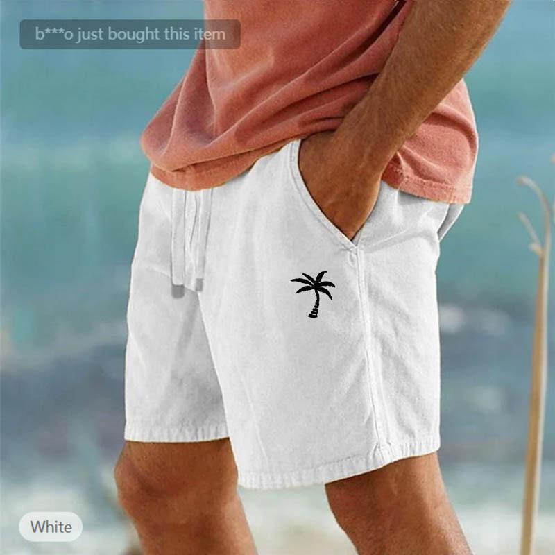 Cross-border New Coconut Printed Linen Shorts Drawstring Elastic Waist Solid Color Breathable Beach Five-point Casual Pants